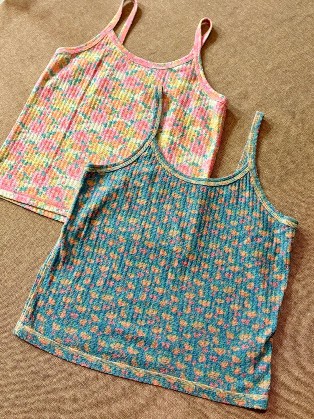 NATURAL LIFE Set of Two waffle Tank Tops - Teal & Pink Multi